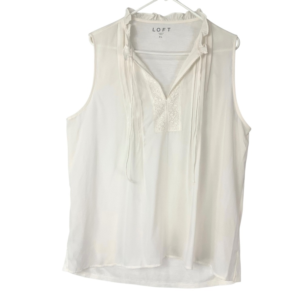 LOFT White Tank Top XL Pullover Ruffled Split V-Neck Sleeveless Lace Trim Tie